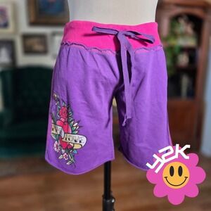 Vintage Y2K Hide & Seek Sweat Shorts Purple Pink Elastic Waist Casual
